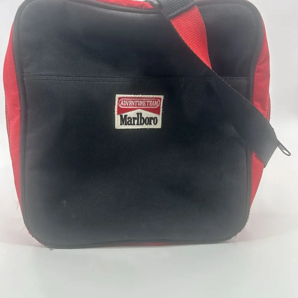 Marlboro Adventure Team Red Black Yellow Duffle Bag Pockets Adjustable Strap VTG